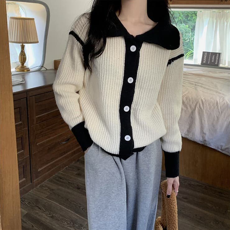 バイカラーニットカーディガン【韓国ファッション】[品番：DOUW0006894