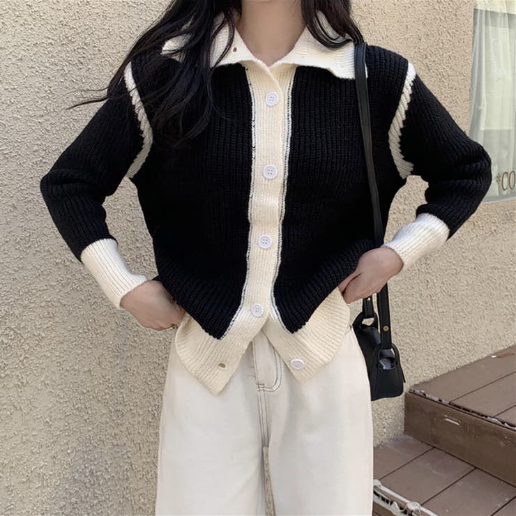 バイカラーニットカーディガン【韓国ファッション】[品番：DOUW0006894