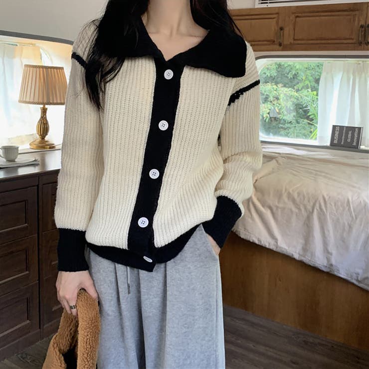 バイカラーニットカーディガン【韓国ファッション】[品番：DOUW0006894