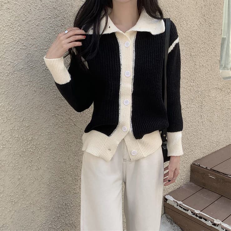 バイカラーニットカーディガン【韓国ファッション】[品番：DOUW0006894
