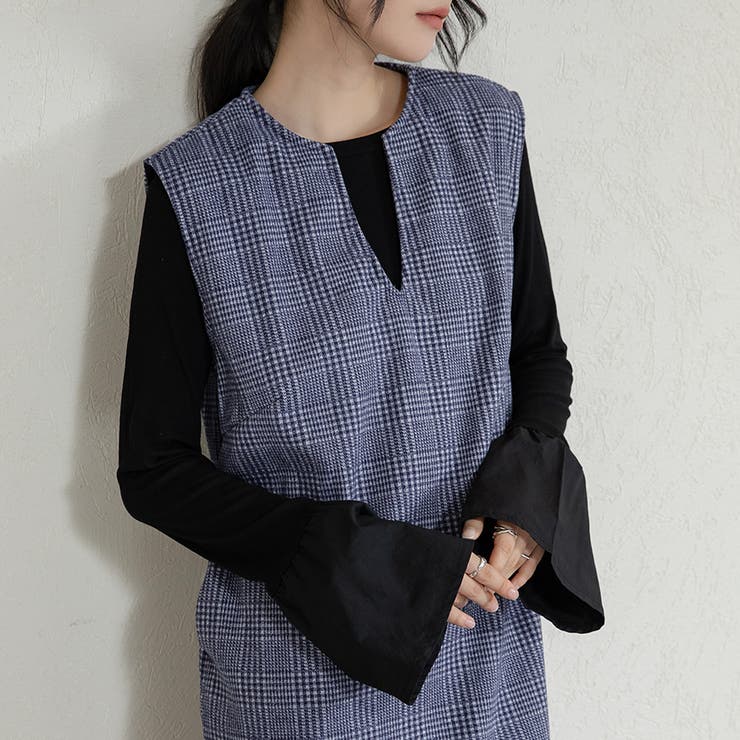 ブルー（キーネック） | ジャンパスカート 2タイプネック 深Vネック キーネック | Doux Belle 