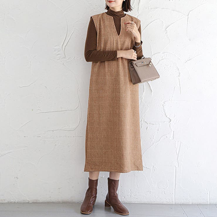 ブラウン（キーネック） | ジャンパスカート 2タイプネック 深Vネック キーネック | Doux Belle 