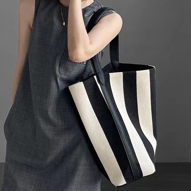 ブラック | ミニバッグ付きの2点セット ストライプ柄トートバッグ | Doux Belle 