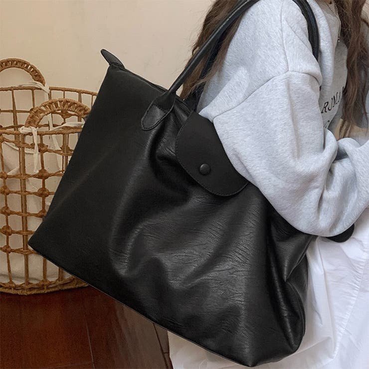 ブラック | フラップ付きレザートートバッグ レディース バッグ | Doux Belle 