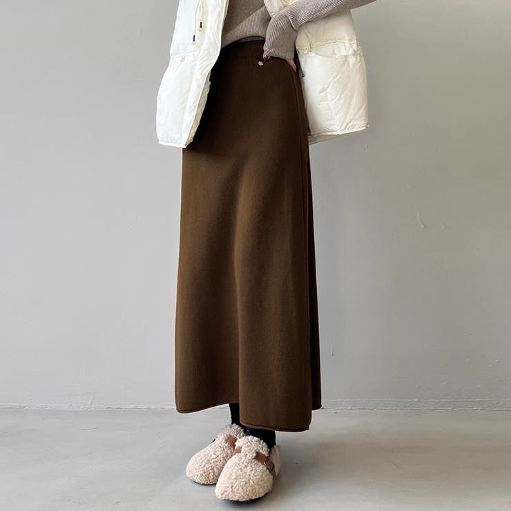 カーキ | ニットAラインスカート ボトムス フレア | Doux Belle 