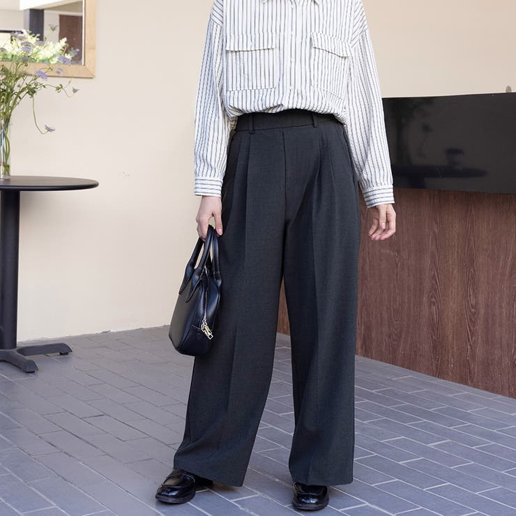 チャコール | ワイドシルエットスラックスパンツ | Doux Belle 