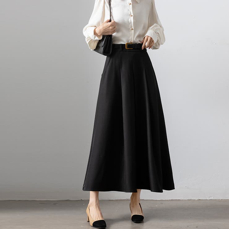 ブラック | ハイウエスト ギャザースカート ロングスカート | Doux Belle 