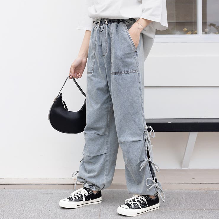 ライトブルー | サイドリボンバギーデニムパンツ | Doux Belle 