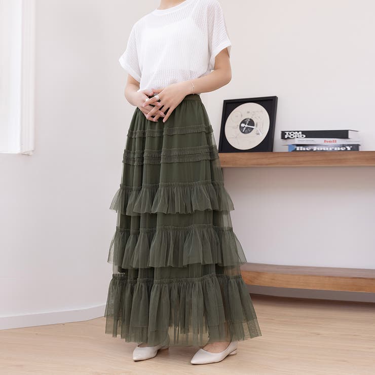 カーキ | シアーティアードロングスカート | Doux Belle 