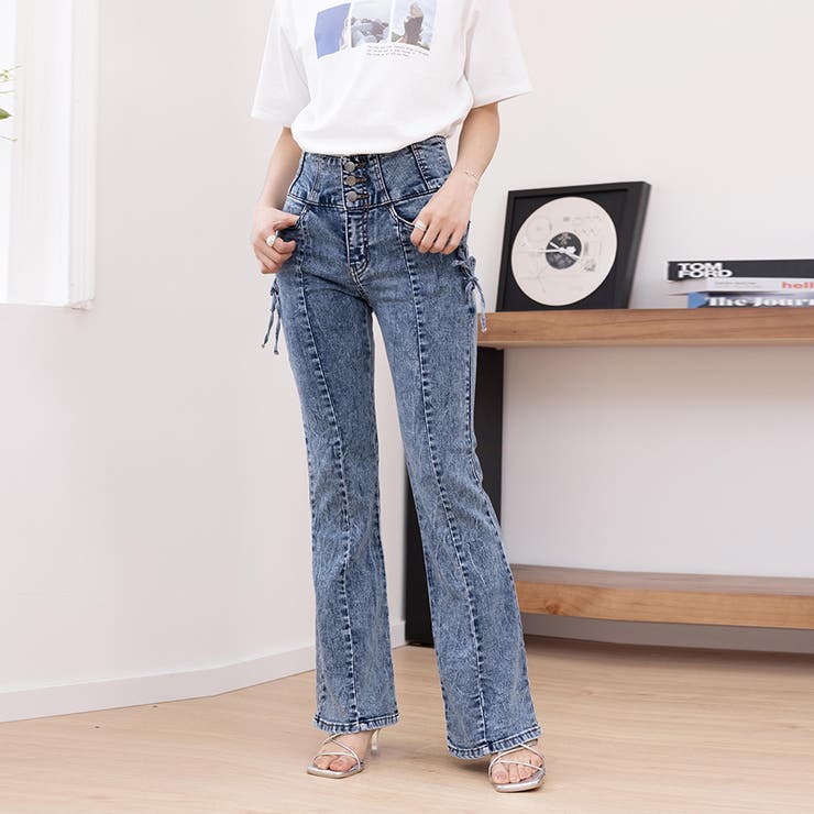 ブルー | 3つボタンフレアデニムパンツ  | Doux Belle 