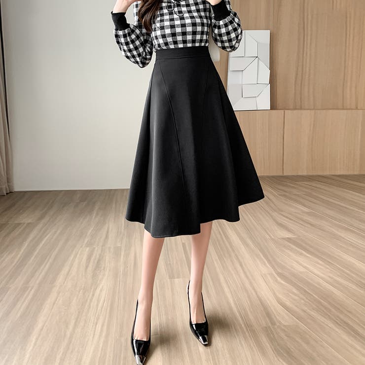 ブラック | Aラインシルエットフレアミディアム丈スカート | Doux Belle 