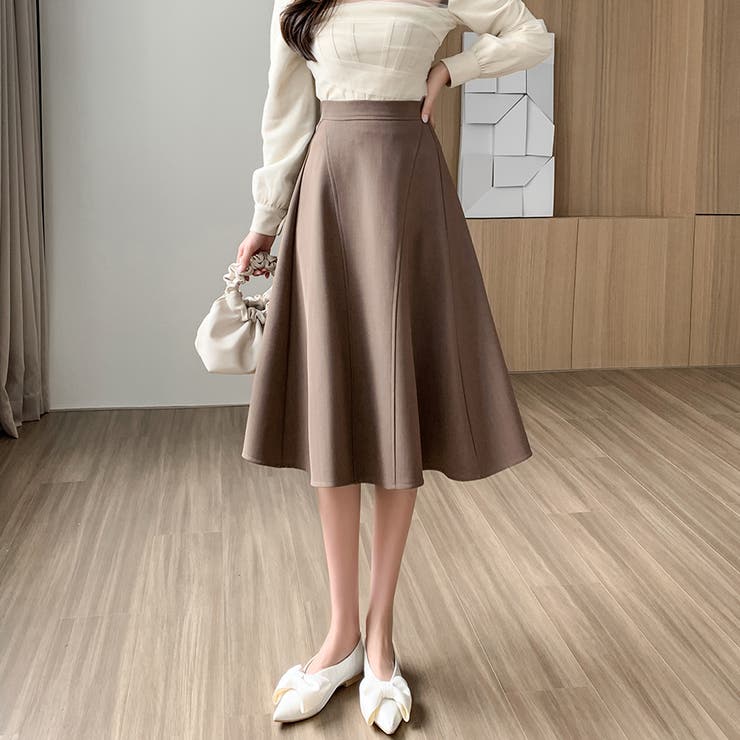 ブラウン | Aラインシルエットフレアミディアム丈スカート | Doux Belle 