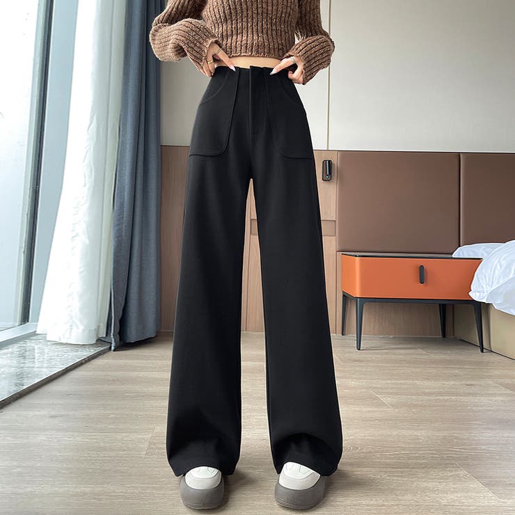 ブラック | サイドスリット入りワイドパンツ | Doux Belle 