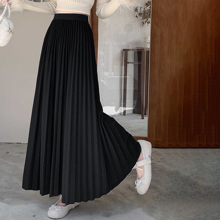 ブラック | ハイウエストプリーツロングスカート | Doux Belle 
