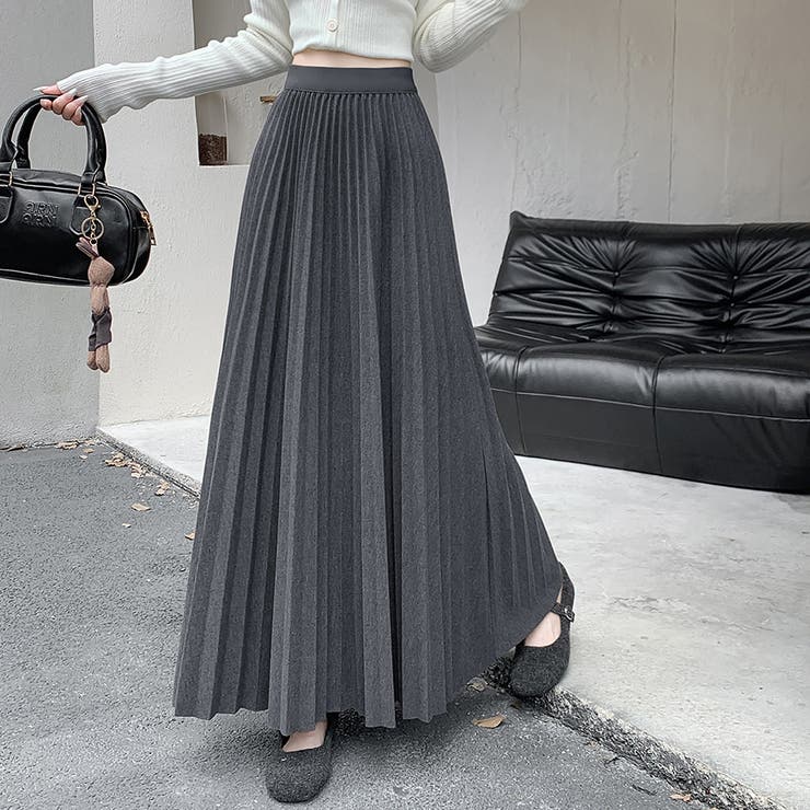 グレー | ハイウエストプリーツロングスカート | Doux Belle 