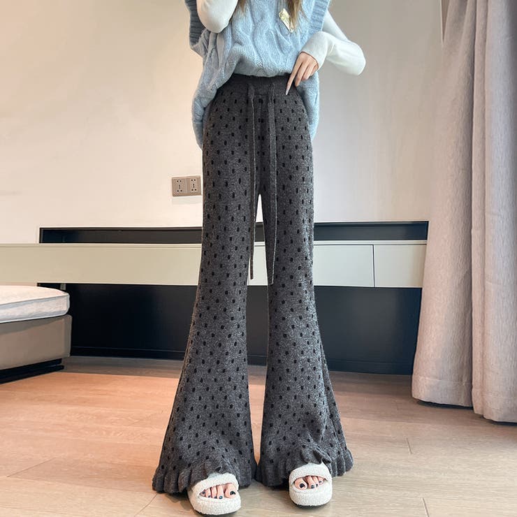 グレー | ドット柄フレアニットパンツ | Doux Belle 