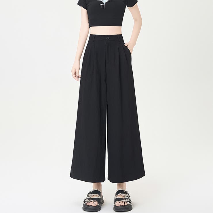 ブラック | ワイドシルエットタック入りロングパンツ レディース パンツ | Doux Belle 