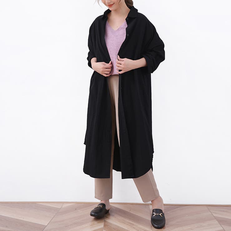 ブラック | 麻混素材シャツワンピ アウター レディース | Doux Belle 