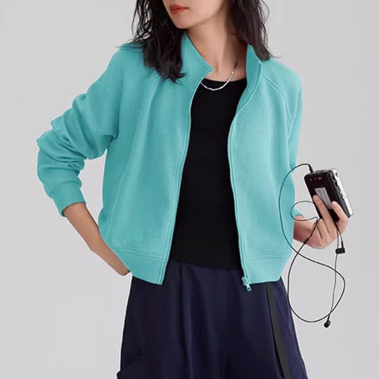 ブルーグリーン | ワッフル素材ハイネックジップアップジャケット | Doux Belle 
