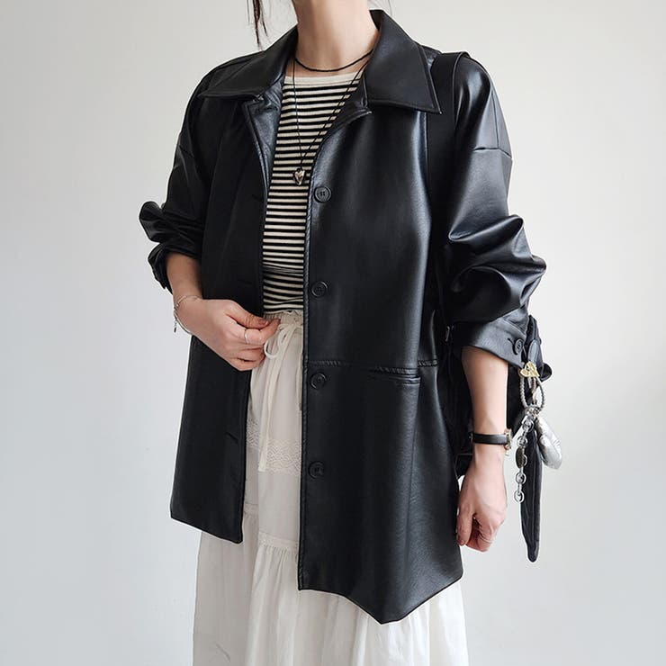 ブラック | フェイクレザーシャツジャケット | Doux Belle 