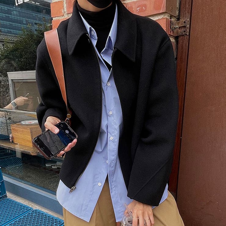 ブラック | ウール調ワイドカラーショートジャケット | Doux Belle 