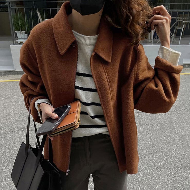 ブラウン | ウール調ワイドカラーショートジャケット | Doux Belle 