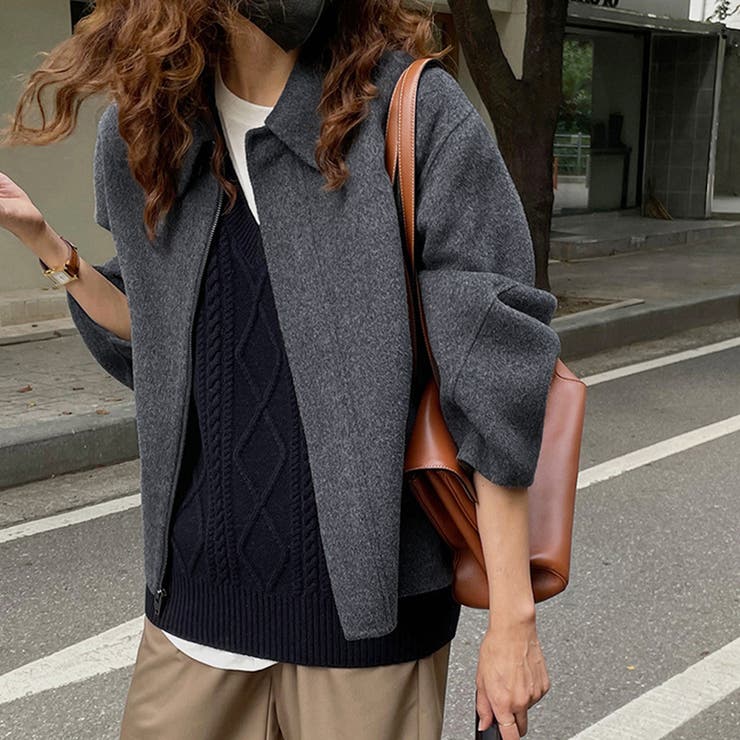 グレー | ウール調ワイドカラーショートジャケット | Doux Belle 