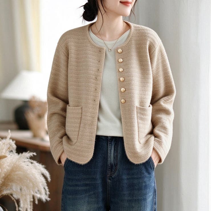 ボーダー柄ノーカラー長袖ジャケット レディース アウター | Doux Belle  | 詳細画像7 