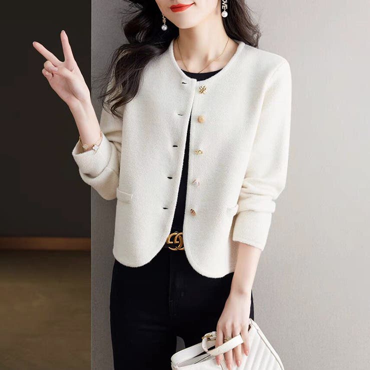 ゴールド調ボタンノーカラー長袖ジャケット レディース アウター | Doux Belle  | 詳細画像3 