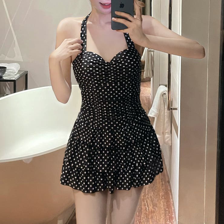 ブラック | ドット柄ワンピーススイムウェア レディース 水着 | Doux Belle 