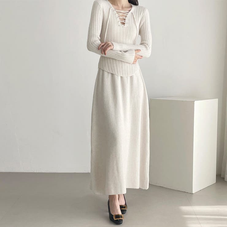 ベージュ | レースアップ×リブニットセットアップ | Doux Belle 