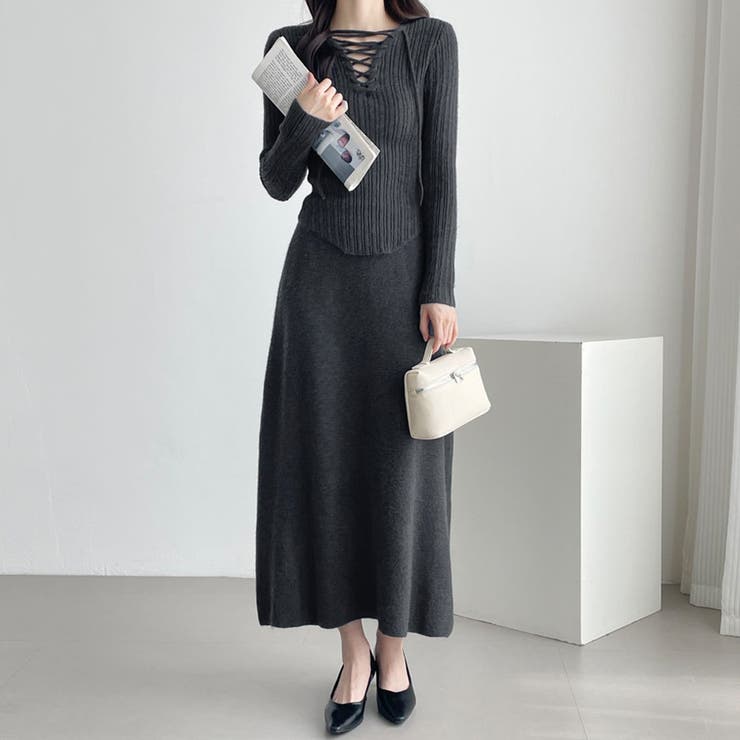 ダークグレー | レースアップ×リブニットセットアップ | Doux Belle 