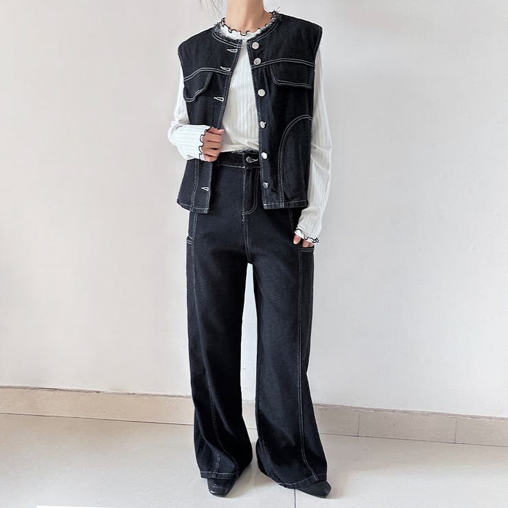 デニムノースリーブベスト＆ワイドパンツセットアップ | Doux Belle  | 詳細画像1 