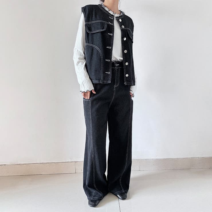 デニムノースリーブベスト＆ワイドパンツセットアップ | Doux Belle  | 詳細画像2 