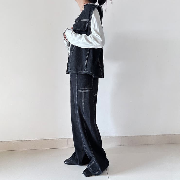 デニムノースリーブベスト＆ワイドパンツセットアップ | Doux Belle  | 詳細画像4 