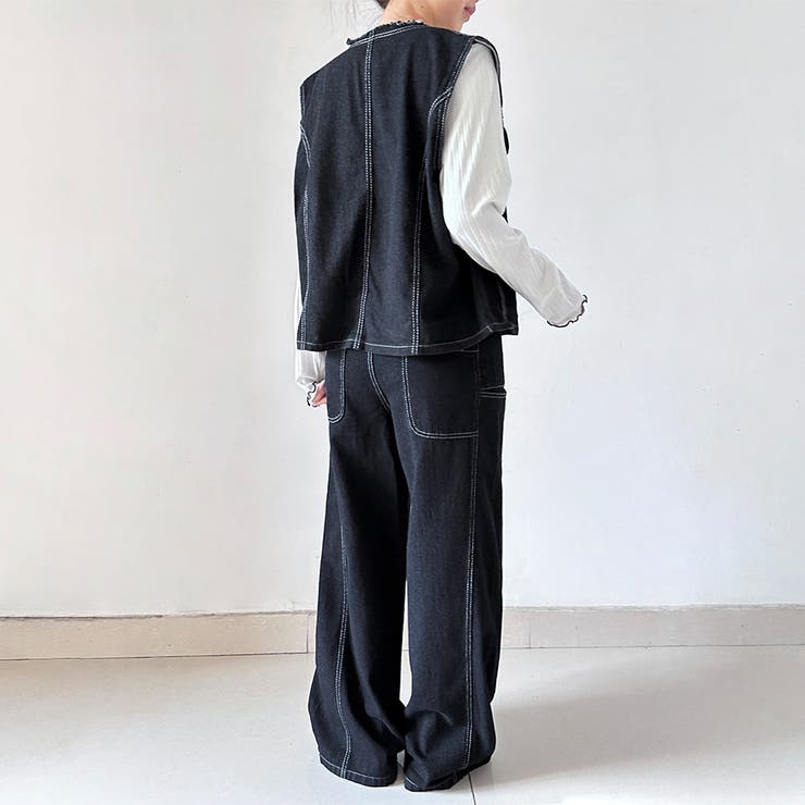 デニムノースリーブベスト＆ワイドパンツセットアップ | Doux Belle  | 詳細画像5 