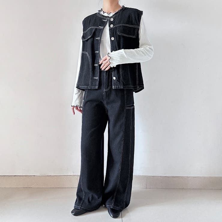 ブラック | デニムノースリーブベスト＆ワイドパンツセットアップ | Doux Belle 