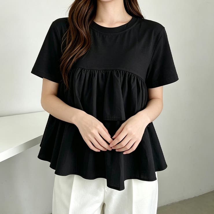 ブラック | ティアードフリル切り替え半袖カットソー レディース トップス | Doux Belle 