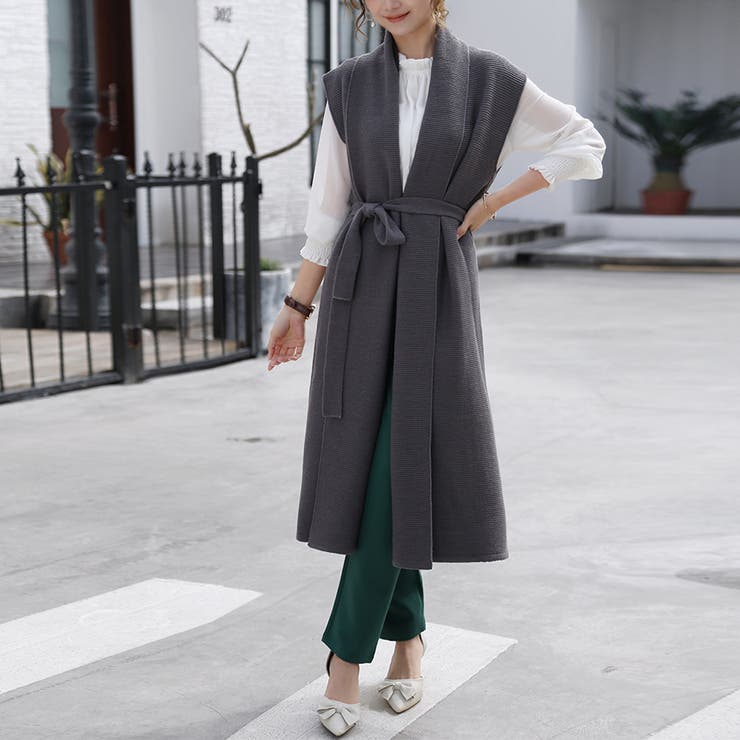 ダークグレー | ニットジレ ロングジレ レディース ノースリーブ ロング  レイヤード 重ね着 | Doux Belle 