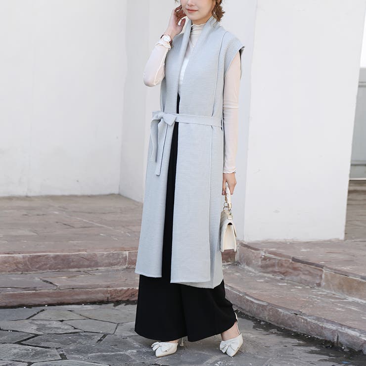 ライトグレー | ニットジレ ロングジレ レディース ノースリーブ ロング  レイヤード 重ね着 | Doux Belle 