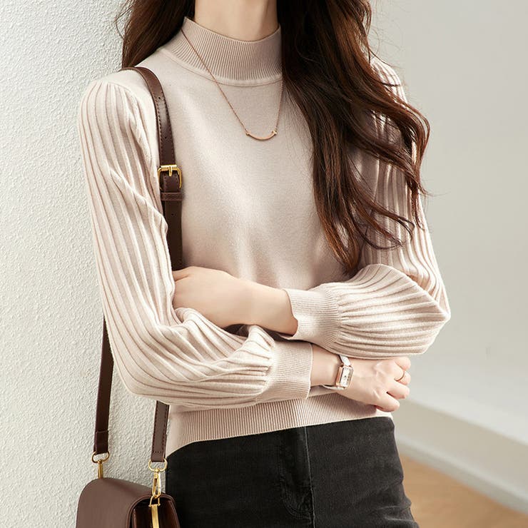 ベージュ | トップス リブ ニットモックネック | Doux Belle 