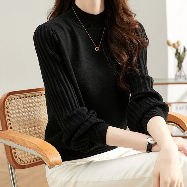 ブラック | トップス リブ ニットモックネック | Doux Belle 