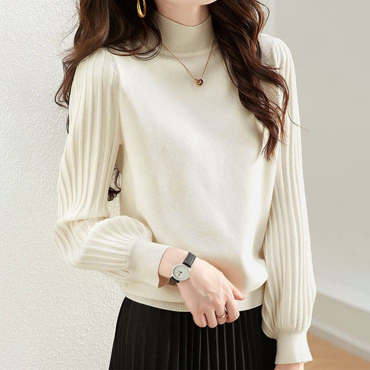オフホワイト | トップス リブ ニットモックネック | Doux Belle 