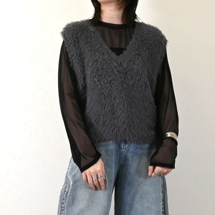 トップス ベストカジュアル ふんわり ファー Vネック シャギー風   | Doux Belle  | 詳細画像1 