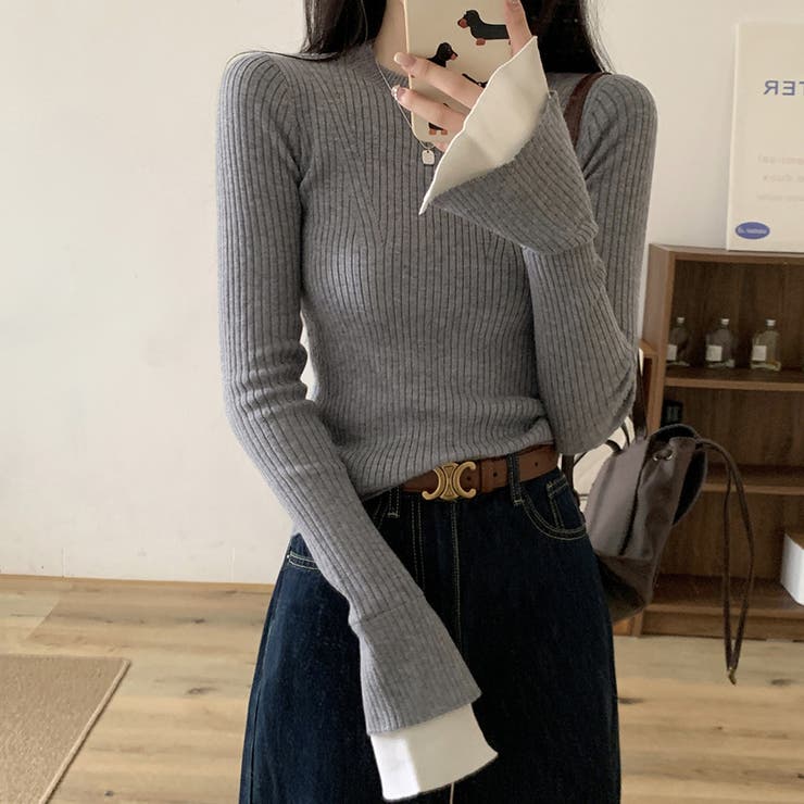 袖レイヤード トップス フレアスリーブ ニット リブニット 長袖[品番