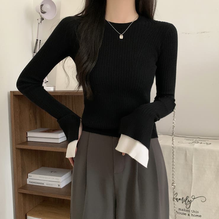 袖レイヤード トップス フレアスリーブ ニット リブニット 長袖[品番