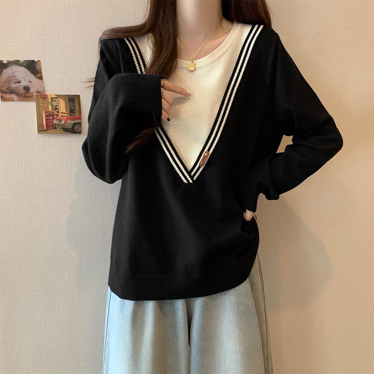 ブラック | レイヤード風ニットトップス | Doux Belle 