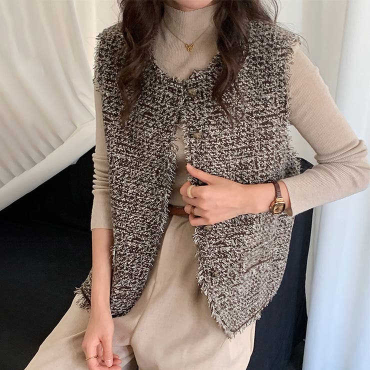 ブラウン | ツイード調フリンジレイヤードベスト | Doux Belle 