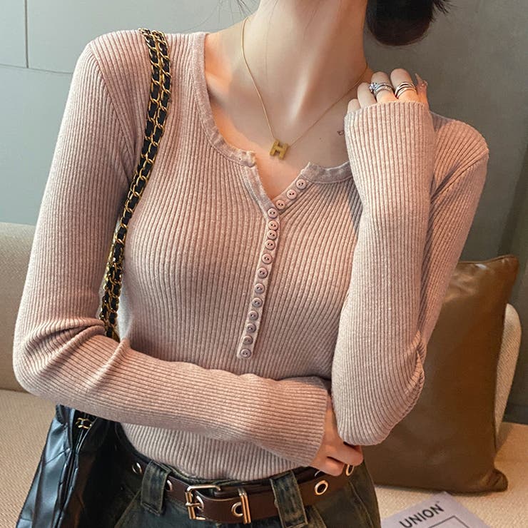 ベージュ | ボタンデザインリブトップス | Doux Belle 