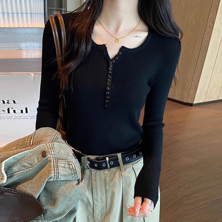 ブラック | ボタンデザインリブトップス | Doux Belle 